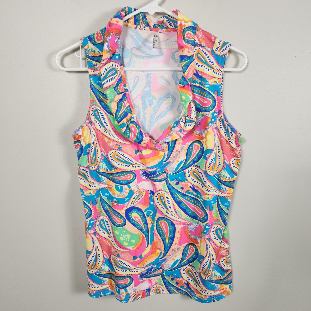 Lulu-B Sleeveless Ruffle Cowl Neck Paisley Print Top Multi-Color Pink Blue Med - Picture 2 of 9
